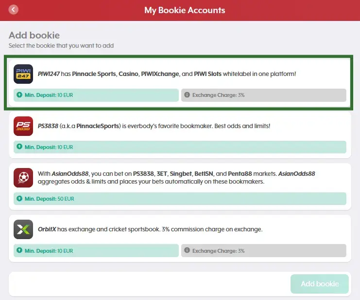 Lista de casas de apuestas disponibles en AsianConnect